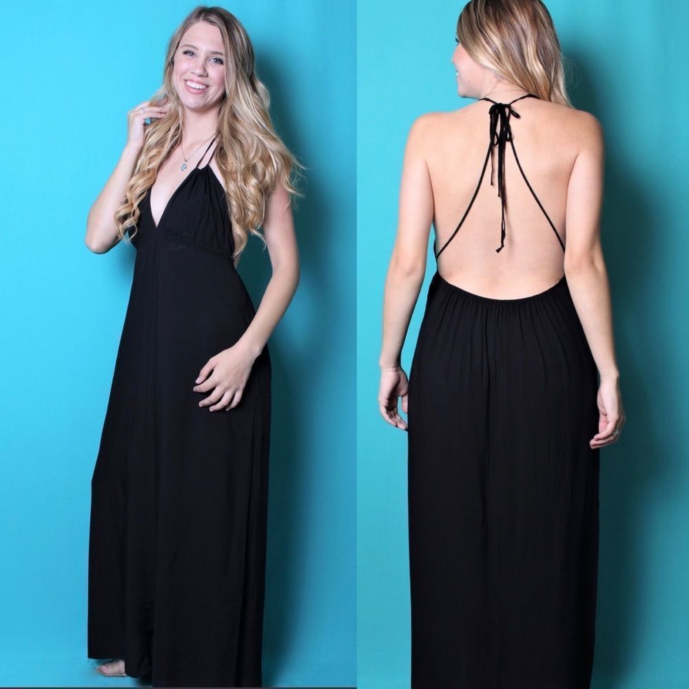 NEW FAVLUX Black Halter Strap Maxi Dress Open Back